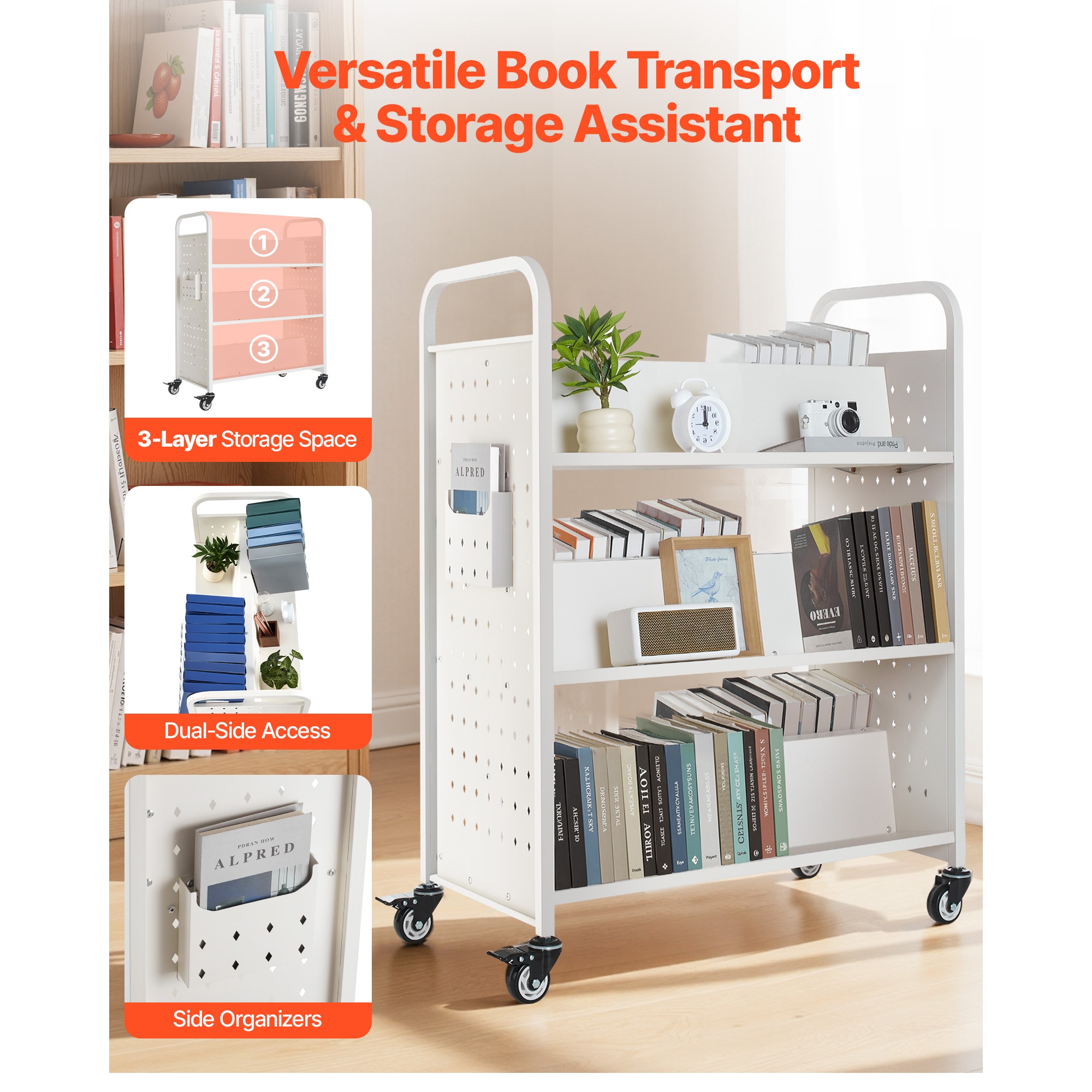 3-tier Rolling Book Cart Double Sided W-shaped Shelving Unit White_voghion.com